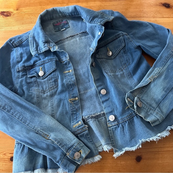 Upcycled Denim Jean jacket  patchwork Tinker Bell ruffle frayed edges girls - Picture 2 of 10